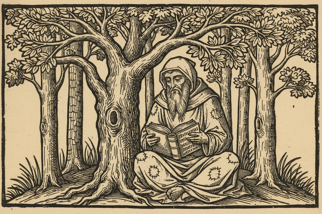 a monk sitting under a tree reading in a deep forest with long beard and hooded eyes in medieval style wood block
